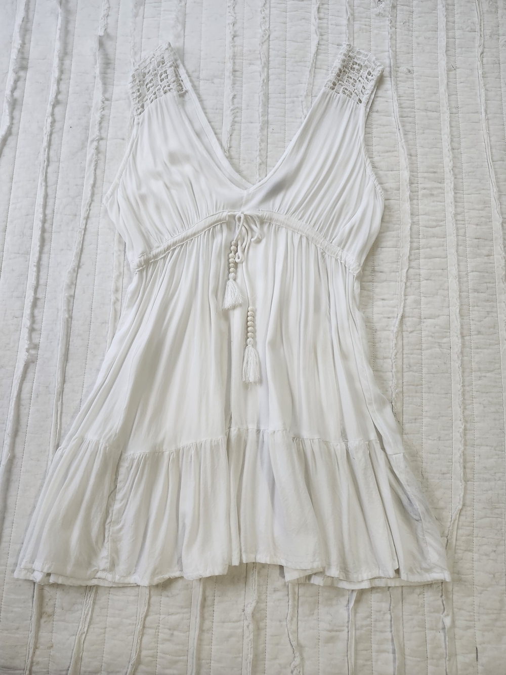 White Boho Tassel V-Neck Tunic Bathing Suit Beach Cover Up Dress S